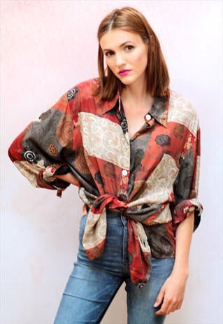 1990S VINTAGE ORANGE PATTERNED OVERSIZED VISCOSE SHIRT