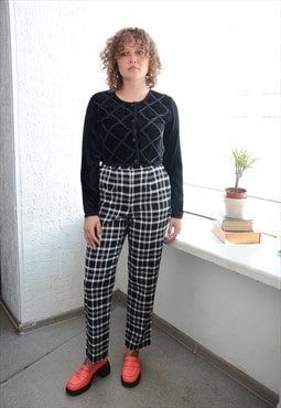 Vintage Black Checked Straight Trousers