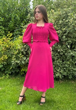 70's Vintage Fucia Pink Bell Sleeve Elasticated Midi Dress