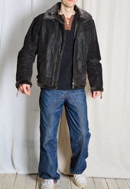 Vintage 90s Dark Brown Grunge Winter Zipper Leather Jacket