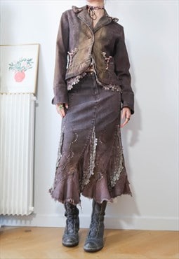 vintage y2k whimsy goth tinted denim blazer skirt set