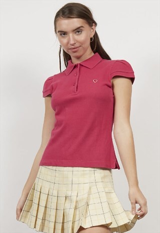 VINTAGE 90'S MOSCHINO PINK HEART DETAIL POLO TOP