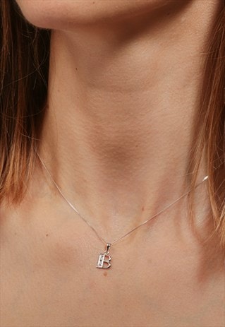 SOLID WHITE GOLD DIAMOND "B" INITIAL PENDANT NECKLACE