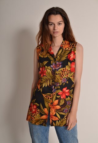 VINTAGE 80S FLORAL PATTERN SHIRT IN BLACK AND RED