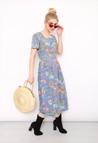 VINTAGE 90S BLUE FLORAL PRINT COTTON DRESS