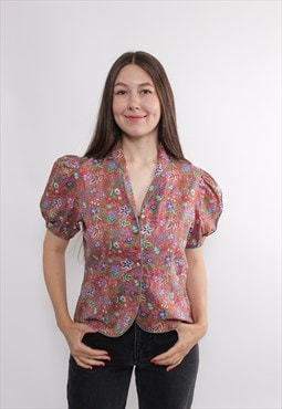 60s floral print puff sleeve blouse, vintage v-neck cute 