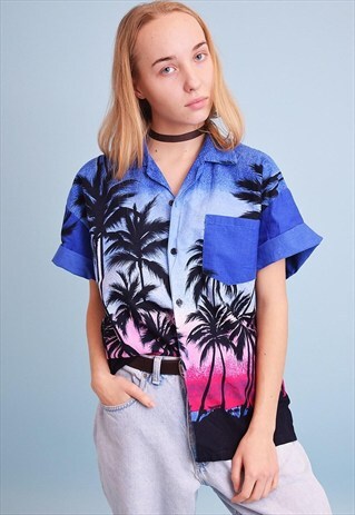 90'S RETRO HAWAII PRINT OVERSIZED SHIRT BLOUSE TOP
