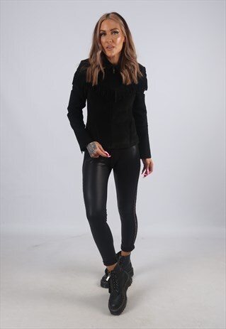 VINTAGE SUEDE LEATHER FRINGE TASSEL JACKET UK 6 - 8 (C3U)
