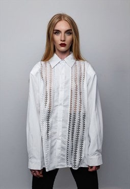 Crochet shirt transparent long sleeve mesh blouse in white