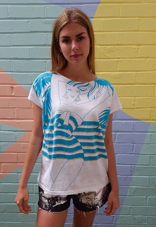 WHITE 80S T SHIRT WITH TURQUOISE LADY PRINT & GOLD GLITTER
