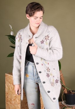 Vintage Cardigan in Grey with a Floral Pattern