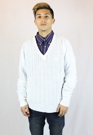 MENS VINTAGE FRED PERRY JUMPER SWEATSHIRT LARGE V NECK 90'S