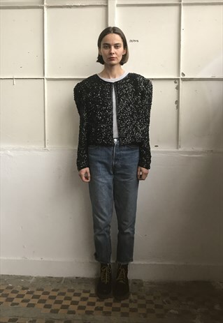 VINTAGE 80' ELEGANT BEAUTIFUL BLACK SEQUINS SILKJACKET