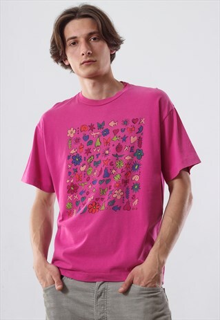 90'S VINTAGE MENS BENETTON FLOWERS PRINTED TEE T SHIRT PINK