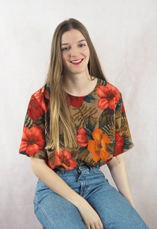 VINTAGE JUNGLE FLORAL PRINT BLOUSE