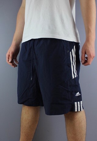 VINTAGE ADIDAS SHORTS IN NAVY WITH POPPER POCKETS AND EMBROI