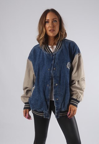 VINTAGE VARSITY DENIM BOMBER JACKET OVERSIZED UK 18 (72C)