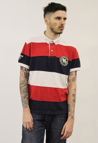 VINTAGE 1990S RED AND BLUE STRIPED TOMMY HILFIGER POLO SHIRT