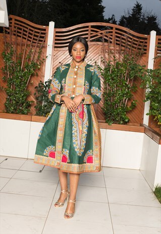 GREEN DASHIKI MIDI DRESS