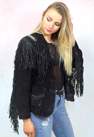 1980S VINTAGE BLACK REAL SUEDE ETHNIC BEAD FRINGE JACKET