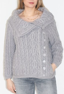 Grey Button Side Merino Irish Wool Aran Knitted Cardigan