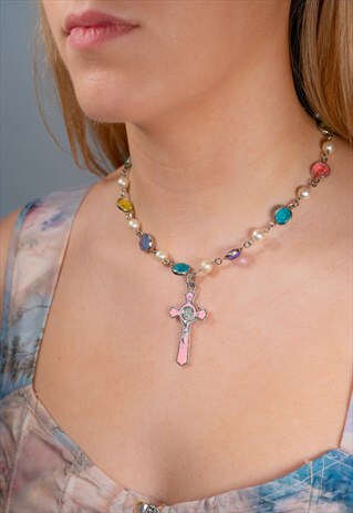 VINTAGE PASTEL & PEARL BEAD PINK CROSS NECKLACE