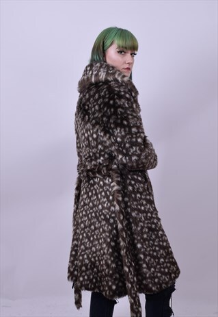 VINTAGE 70'S FULL LENGTH LEOPARD PRINT FAUX FUR COAT 8 10