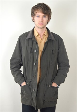 90'S VINTAGE DARK OLIVE GREEN FAUX LEATHER COLLAR JACKET