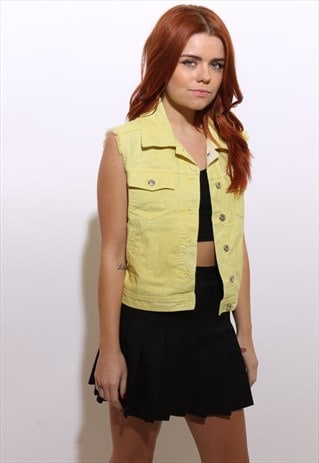 VINTAGE 1990'S 90'S METALLIC YELLOW DENIM VEST GILET TOP S-M