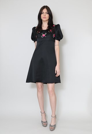 VINTAGE LADIES 70'S DRESS BLACK PUFF SLEEVE MIDI DRESS