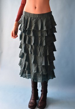 Vintage Y2K Tiered Size S/M Silky Frilly Skirt in Green.