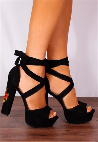 BLACK FLOWER EMBROIDERED WRAP ROUND PLATFORMS STRAPPY SANDAL