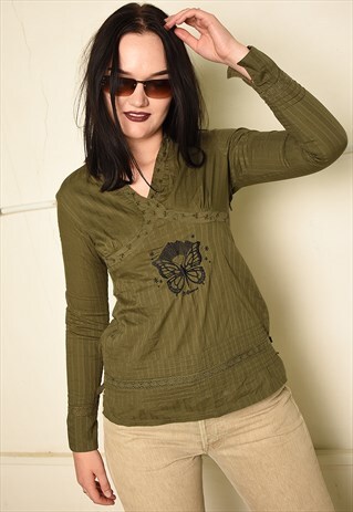 VINTAGE Y2K EMBROIDERED BOHO TUNIC TOP IN KHAKI GREEN