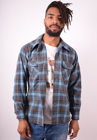 PENDLETON MENS VINTAGE FLANNEL SHIRT MEDIUM BLUE CHECK 90S