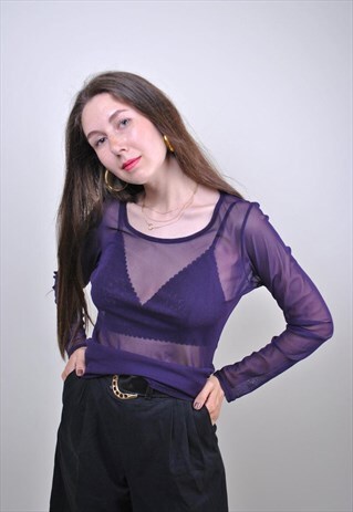 90S PURPLE TRANSPARENT RAVE BLOUSE, SIZE S