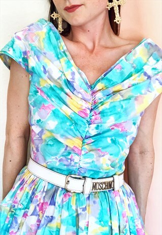 WATER COLOUR OFF THE SHOULDER 80S PUFF DRESS