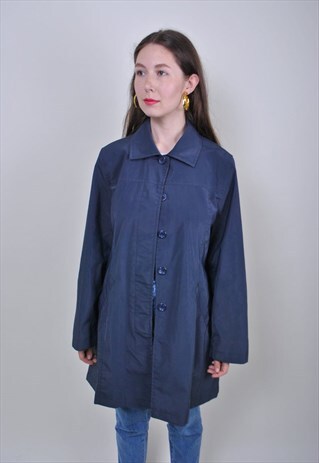 90S BLUE MINIMALIST COLLARED RAINJACKET TRENCH , SIZE L