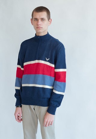 VINTAGE 70S HALF ZIP KNITTED JUMPER IN MARINE STRIPE