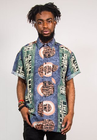 90'S VINTAGE MULTI ABSTRACT FESTIVAL SILK SHORT SLEEVE SHIRT