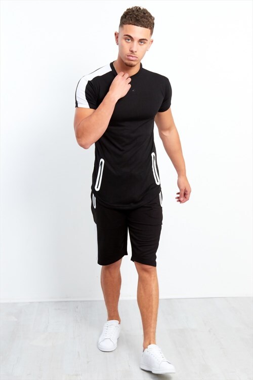 mens black side contrast panel t-shirt and shorts set