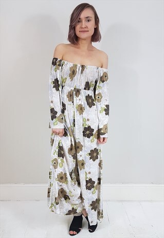 VINTAGE 70'S WHITE AND BROWN OFF SHOULDER SHEER JUMPSUIT