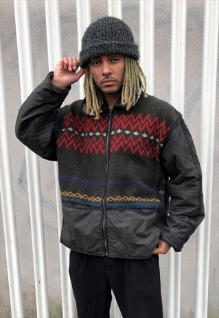 VINTAGE AZTEC FESTIVAL WOOL COAT JACKET WITH WAXED SLEEVES