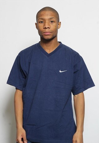 VINTAGE NIKE LOGO V-NECK T-SHIRT BLUE