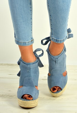 BLUE ESPADRILLE WEDGE PLATFORM BACK LACE SANDALS SHOES