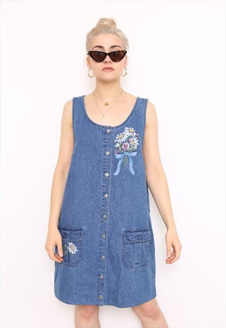 VINTAGE 90S BLUE DENIM FLORAL PINAFORE DRESS
