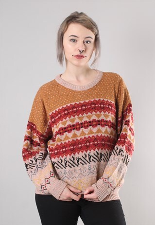 VINTAGE 90S CRAZY PATTERNED ALPINE KNIT OVERSIZE JUMPER