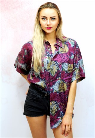 1990S VINTAGE PURPLE LION PATTERN OVERSIZED PURE SILK SHIRT