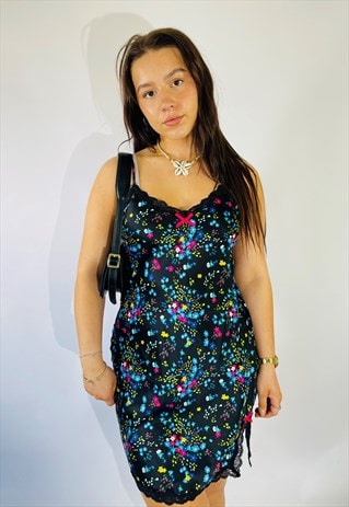 VINTAGE SIZE S SATIN FLORAL MINI SLIP DRESS IN MULTI