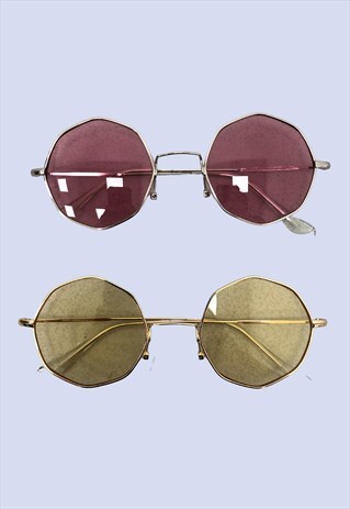 2 X FESTIVAL PINK YELLOW ROSE TINTED OCTAGON SUNGLASSES