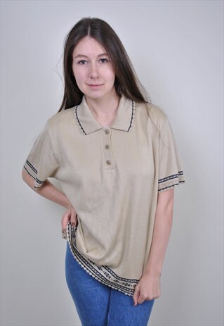 80S NATIVE EMBROIDERY POLO SHIRT, VINTAGE BOHO ETHNO SHIRT